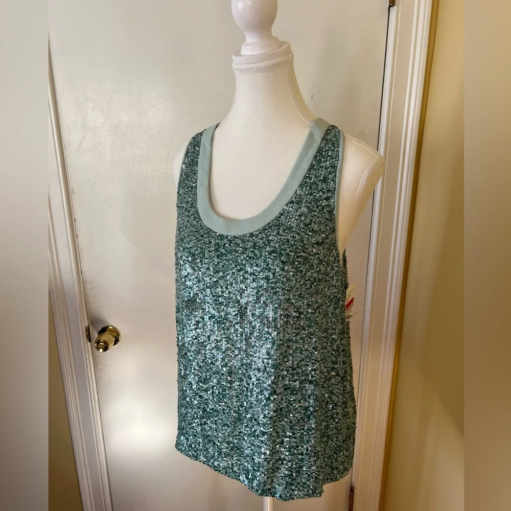 Diane Von Furstenberg Emilia Turquoise & Green Silk Marble Sequin Tank - Picture 4 of 16